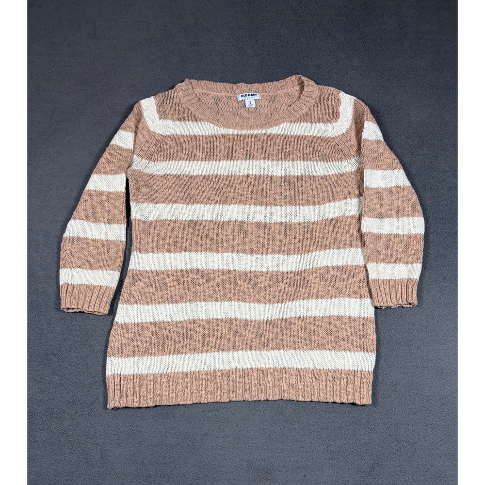 Old Navy Sweater Womens Medium Tan White Striped Knit 3/4 Sleeve Pullover